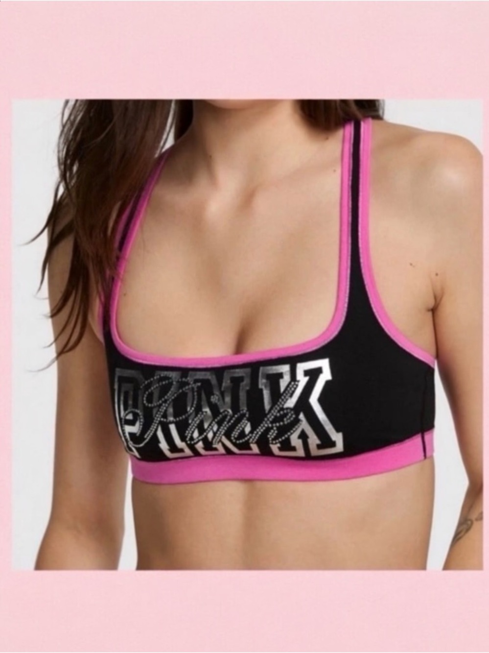 PINK VICTORIA’S SECRET Cotton Dorm Racerback Black Pink Bling VIRAL Bralette XL - Picture 4 of 12